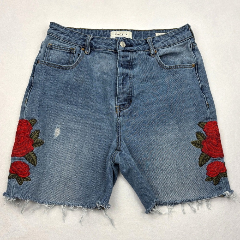 PacSun Mom Jean Shorts Womens 29 Blue Denim Embroidered Rose High Rise Cut Off